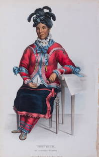 19c McKenney Hall Lithograph Tshusick Ojibway Woman: This is a hand colored McKenney & Hall lithograph "Tshusick" an Ojibway Woman. J.T. Bowen, Philadelphia - 6.75" x 10 3/8"