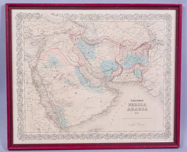 Framed c1857 Colton's Persia Arabia HC Map: This is a hand colored map of Persia and Arabia and surround area published by C.B. Colton & Co of New York. Colton atlases, especially those from the late 1850s, have become increasingly rare. -