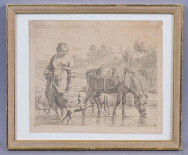 Karel Du Jardin Woman & Donkey In Shallow Water: This is an estate found Old Master print by Dutch artist Karel Du Jardin (1626-1678). The engraving features a woman standing is a pool of water while her donkey bows to take a drink. Her dog frolics