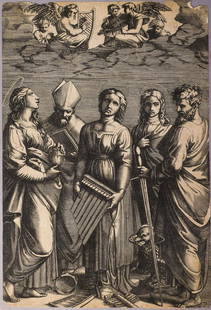 Raimondi Etching St Cecilia Holding an Organ: St Cecilia holding an organ, flanked by St Paul, St John the Evangelist, St Augustine and Mary Magdalen, musical angels above etching by Marcantonio Raimondi.This print could be as old as the 16th