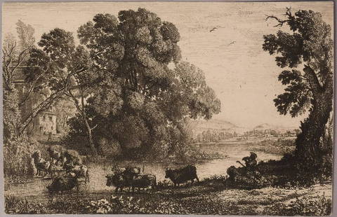 Claude Lorrain Etching "The Cowherd" Perhaps c1636: Claude Lorrain Etching "The Cowherd". This print could be as old as the 17th century, but we really have no way of knowing for certain.- 7 7/8" x 5 1/8"