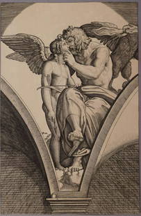 Marcantonio Raimondi Etching "Jupiter Embracing Cupid": Jupiter embracing Cupid after Raphael's fresco in the Chigi Gallery of the Villa Farnesina in Rome, etching on paper by Marcantonio Raimondi. This print could be as old as the 16th century, but we