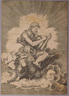 St. John Etching after Giulio Romano 16c: St. John, seated and holding a writing instrument to a tablet, an eagle with outstretched wings below his legs, from a series of the four evangelists after Agostino Musi, after Giulio Romano. This pri