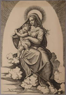 Marcantonio Raimondi Etching "Madonna and Child": Marcantonio Raimondi Etching "Madonna and Child". This print could be as old as the 16th century, but we really have no way of knowing for certain. - 9 5/8" x 6 1/2"