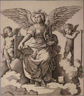 Marcantonio Raimondi Etching "Poetry Personified": Poetry Personified as a Winged Woman Etching by Marcantonio Raimondi. This print could be as old as the 16th century, but we really have no way of knowing for certain.- 5 3/4" x 6 5/8"