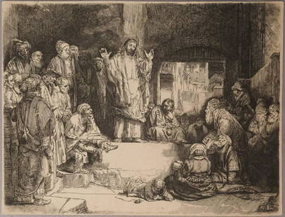 Rembrandt Van Rijn Etching "Christ Preaching" c1652: Rembrandt etching and drypoint. This print could be as old as the 17th century, but we really have no way of knowing for certain.- 8 1/8" x 6 1/4"