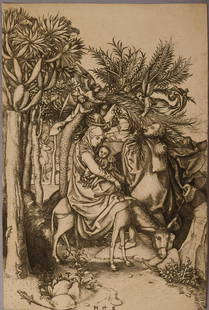 Martin Schongauer Etching "Flight into Egypt": Martin Schongauer Etching "Flight into Egypt". This print could be as old as the 15th century, but we really have no way of knowing for certain. - 9 7/8" x 6 1/2"