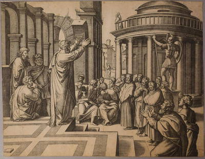 Raimondi Etching "St. Paul Preaching in Athens": Raimondi Etching "St. Paul Preaching in Athens". This print could be as old as the 16th century, but we really have no way of knowing for certain. - 3 1/2" x 10 1/2"