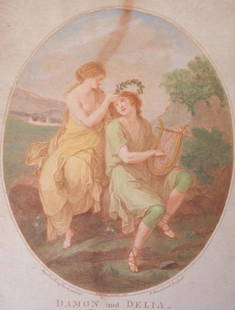 18c Francesco Bartolozzi after A Kauffman Damon & Delia: This is a wonderful and rare estate found hand colored engraving by Francesco Bartolozzi after the original by Swiss Neoclassical artist Angelica Kauffman (1741-1807). Bartolozzi (1727-1815) recreated