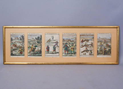 French 6 Hand Colored Renaissance Art of War Engravings: This is a set of 6 hand colored engravings of Renaissance military Art of War scenes set in a matted frame. The frame measures 30 1/4 x 10" with a sight view of 29 1/4 x 9". The mat view for each