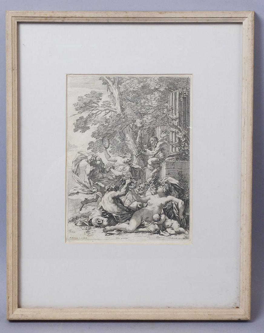 Michel Dorigny "Bacchante with Sleeping Child" C1650: Label on reverse: Michel Dorigny: "Bacchanal" Engraving circa 1650. 10 x 7 1/2 inches. Narrow to thread margins. A copy of this engraving is in the permanent collection of the National Gallery of Art