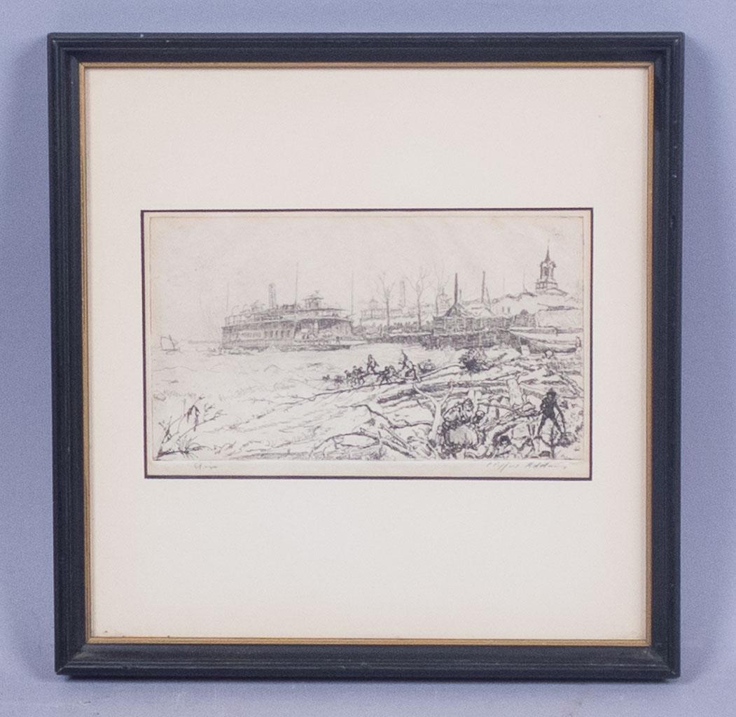 Signed Clifford Addams Peerless Ferry Coming to Shore: This is an estate found signed print by American artist Clifford Isaac Addams (1876-1942). Addams was a protege of James McNeill Whistler. The framed print features the "Peerless" ferry coming to shor