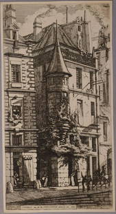 19c Charles Meryon Etching House with a Turret: House with a Turret, rue de la Tixeranderie, Paris, 19th Century, Charles Meryon, etching and drypoint. - 5 1/4" x 9 7/8"