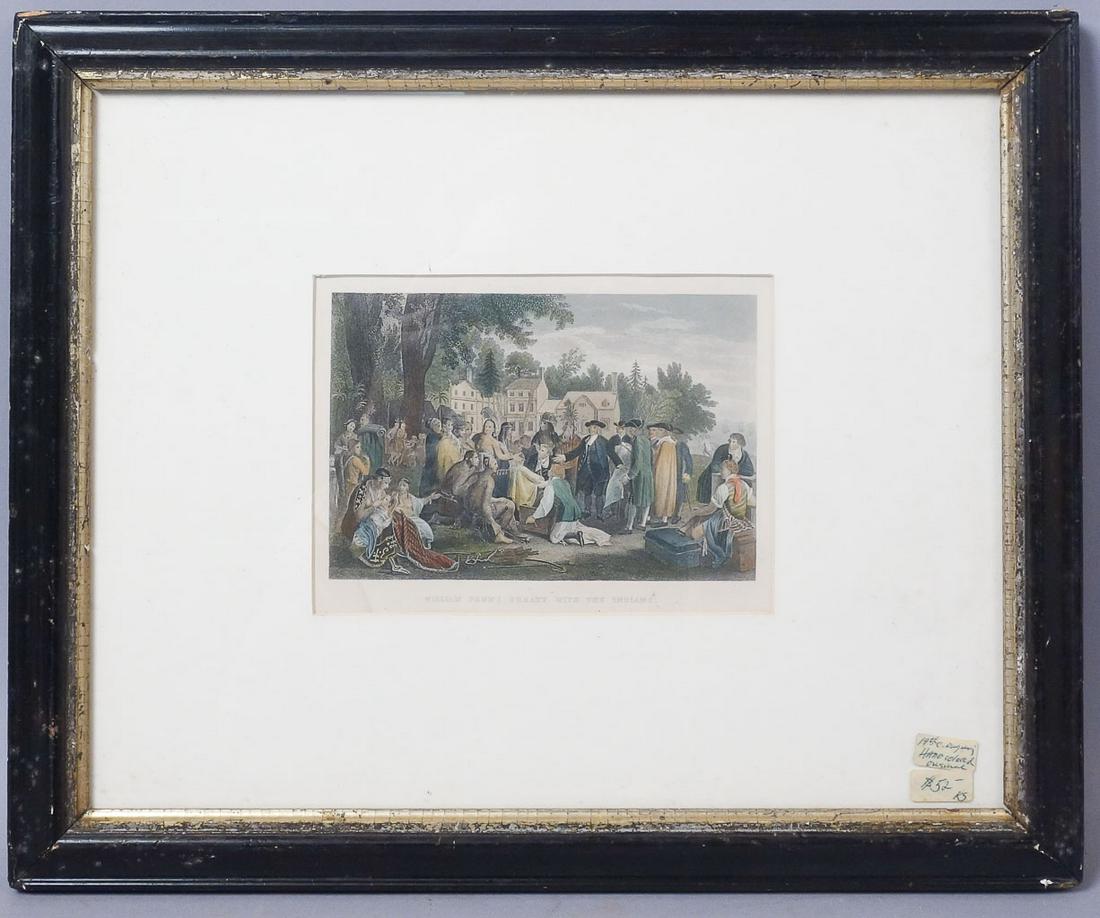 William Penn Treaty w Indians HC Engraving: Hand colored engraving of William Penn and his treaty with American Indians, After Benjamin West. Measurements: Sight 7 3/8" x 5 3/8" Frame 13 7/8" x 17" x 3/4"