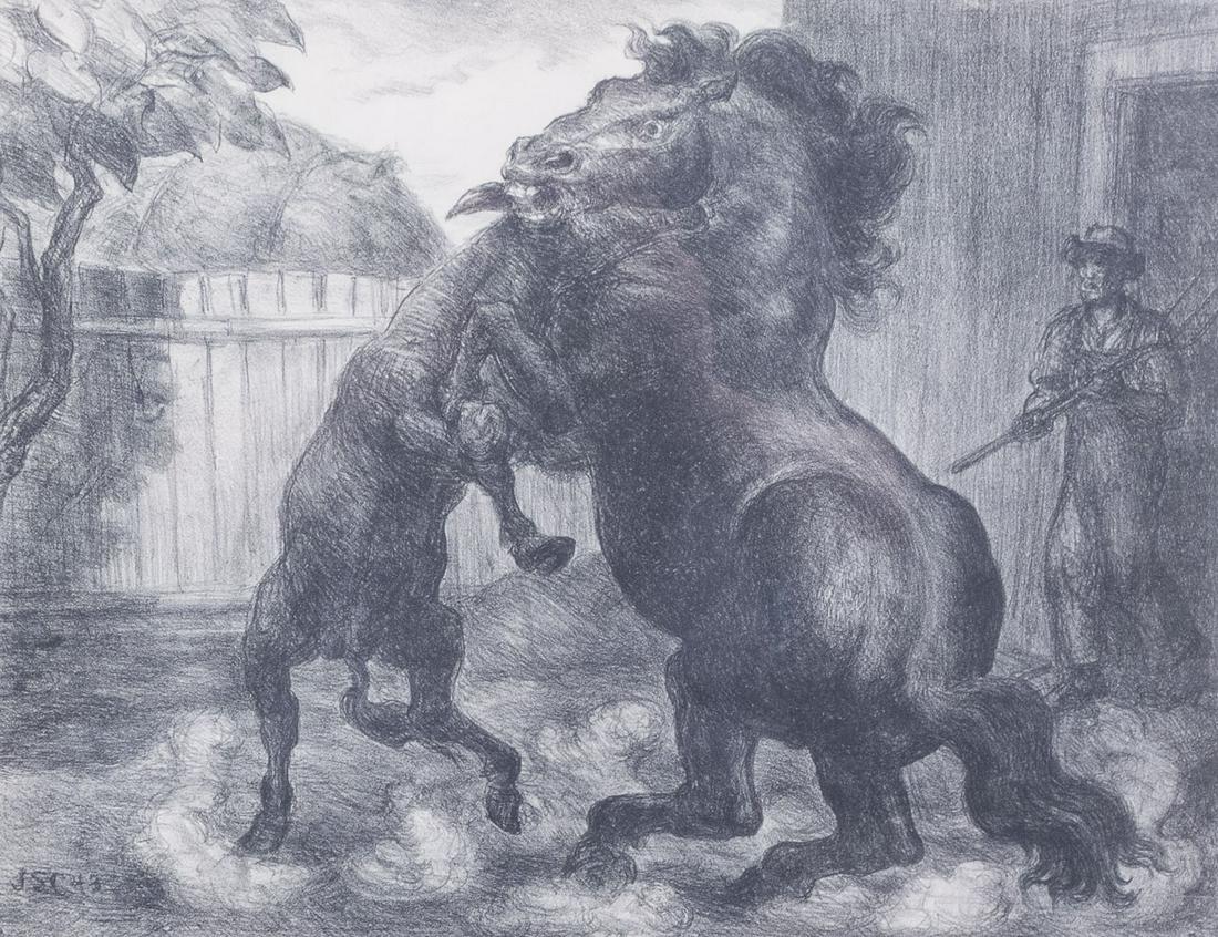Orig John Steuart Curry Litho Stallion & Jack Fighting (1 of 5)