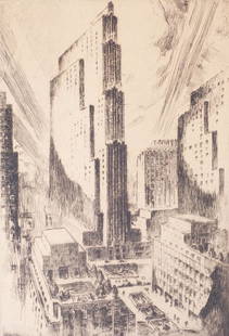 Ejnar Hansen 1930s Rockefeller Center NYC Etching: This is a charming estate found etching by American artist Ejnar Hansen dating to the 1930s. Ejnar Hansen was a notable figure painter in Southern California during the years between the wars. He bega