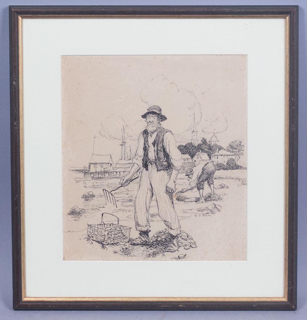 Signed HJ Peck Clam Diggers Providence RI Drawing (1 of 4)
