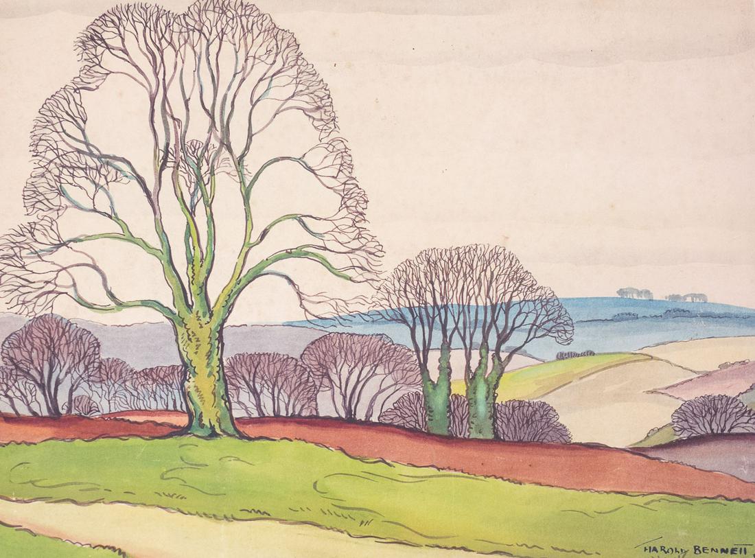 Harold Bennett Forested Rolling Pastures Painting: Harold Bennett Forested Rolling Pastures Painting - 11 1/2"x8 1/2"