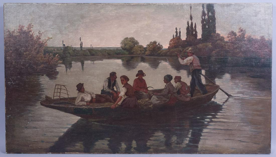 Genre Oil Ptg on Canvas Folks on Skiff in Landscape (1 of 3)