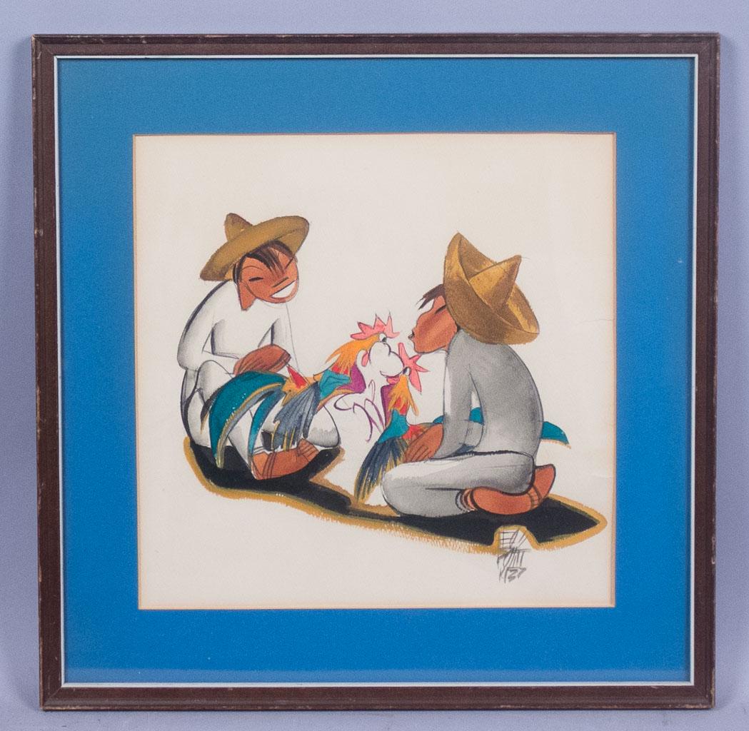 Signed 1930s Graphite Watercolor Painting Cockfighting (1 of 4)