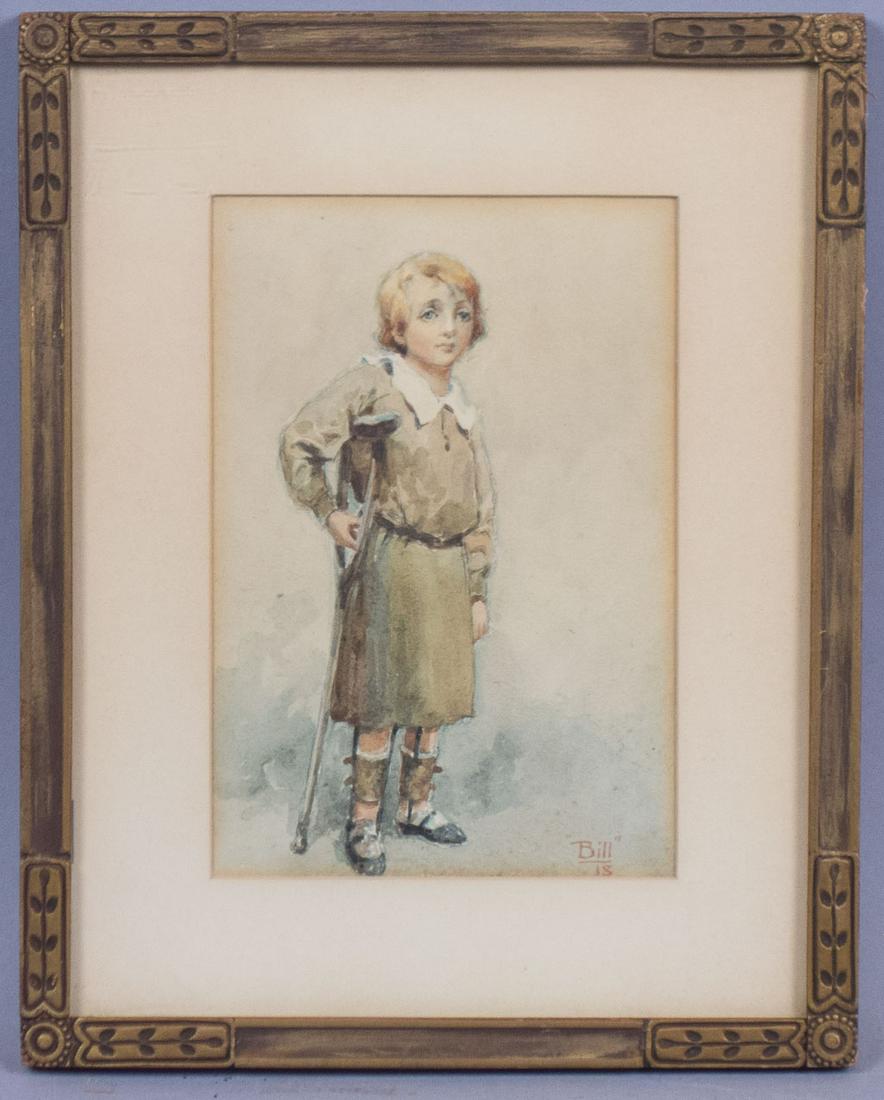1918 Signed Watercolor Painting of Boy on Crutches (1 of 4)