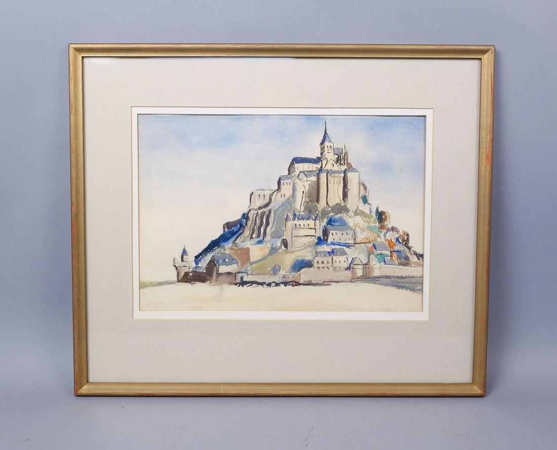 John N Barron Ptg of Mont-Saint-Michel Normandy Commune: This is a charming estate found vintage watercolor painting by American artist John N. Barron dating to the 1950s/60s. The colorful painting features a view of Mont-Saint-Michel Commune off the coast 