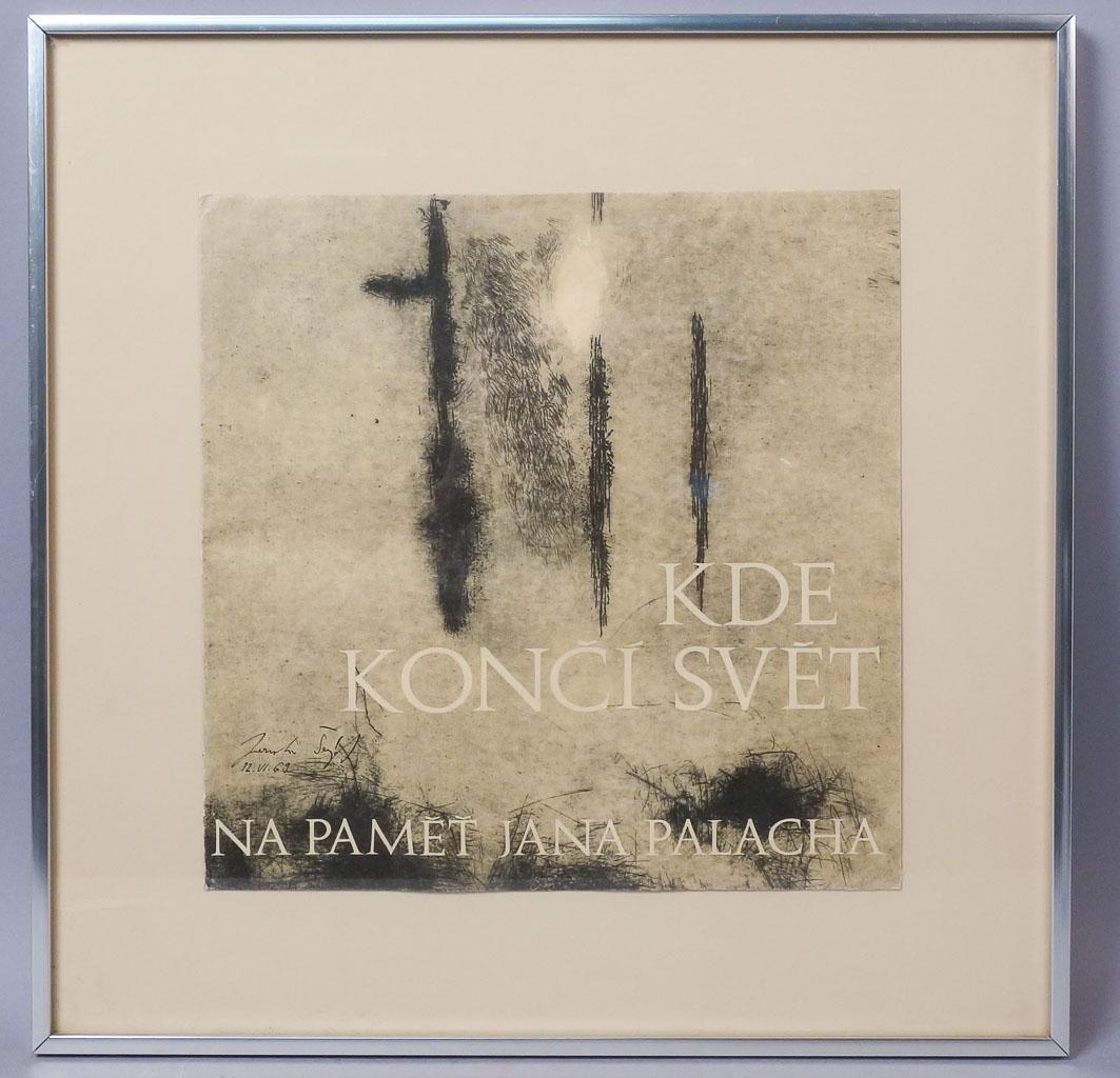Signed Jaroslav Serych Abstract Print 1989: Ink singed "Where The World Ends: Memories Of Jana Palacha" Jaroslav Serych (Czech, 1928-2014) Measurements: Print 12 1/8" x 12 1/8" Frame 18 1/4" x 18 1/4" x 3/4"