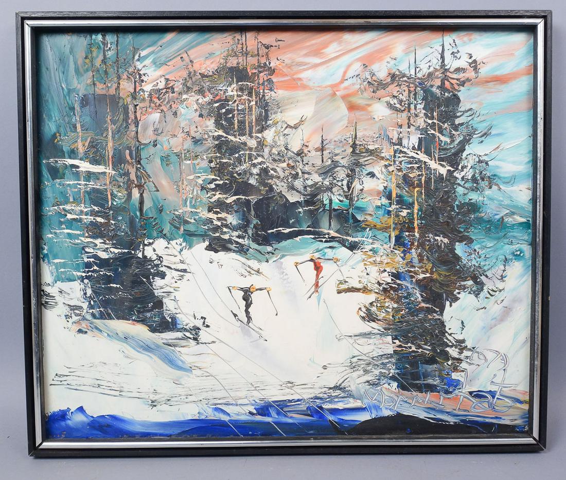 Morris Katz 1979 Oil Ptg of Skiers in Snowy Landscape (1 of 4)