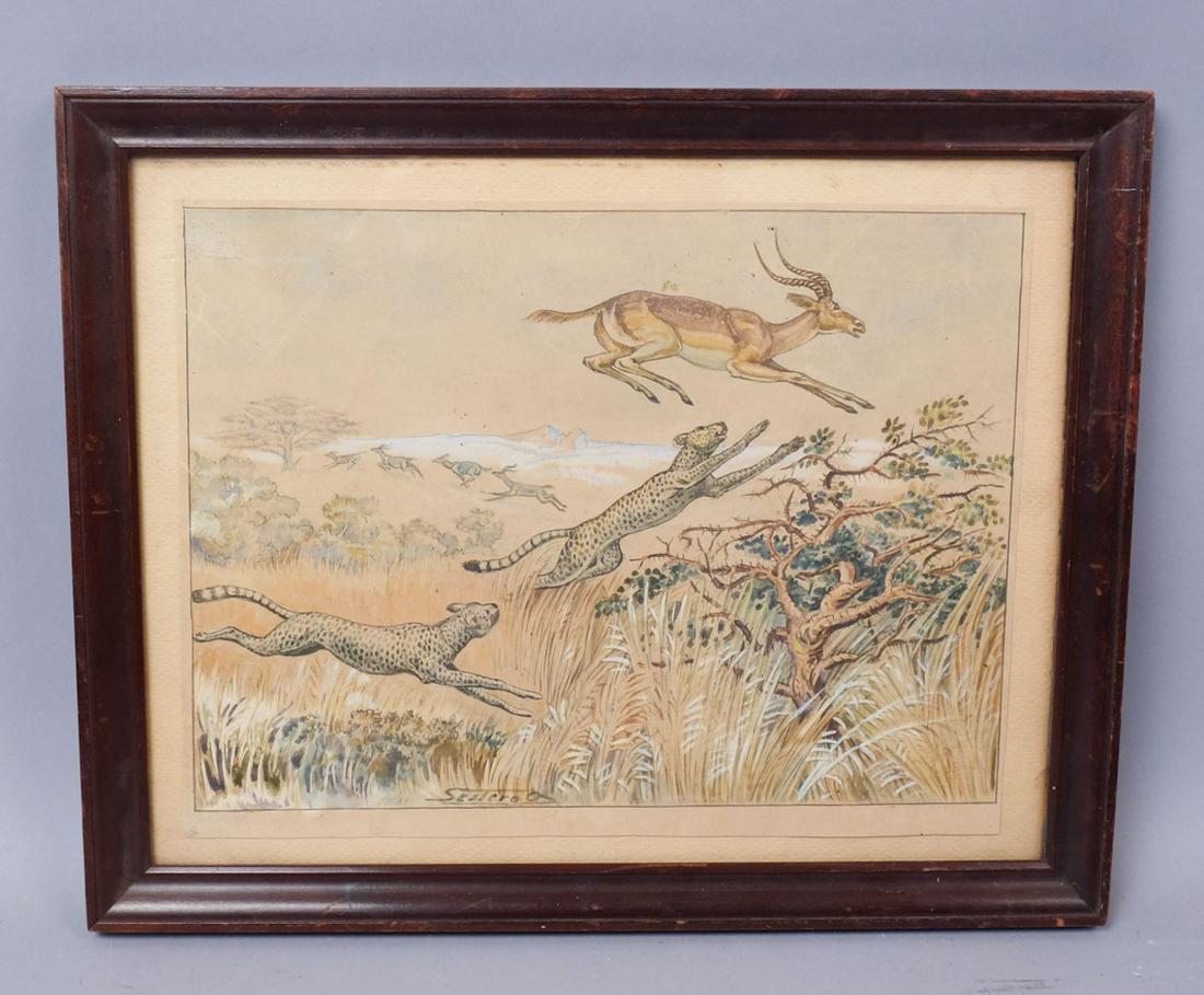 African Savanna Leopard Hunting Painting Signed Sestero (1 of 4)