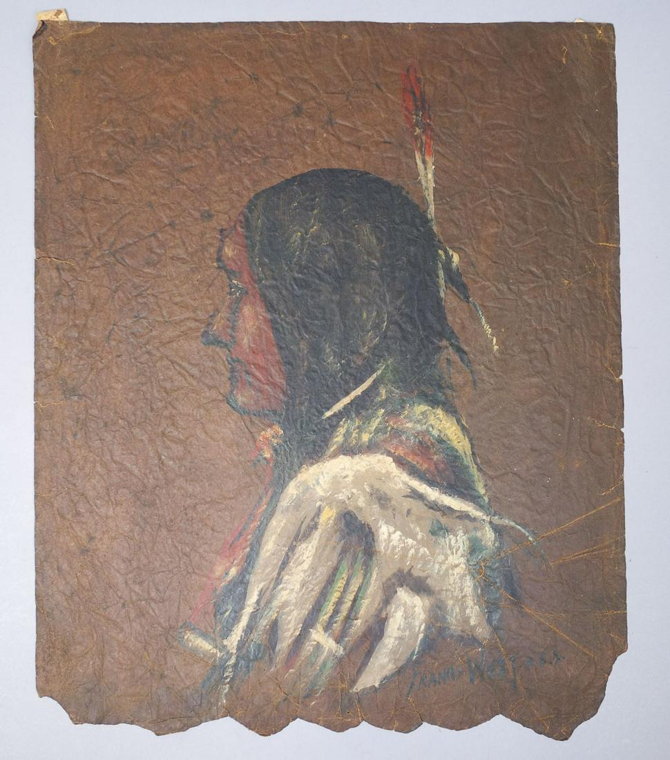 Francis West Orig Oil Ptg Profile of American Indian: This is a charming estate found in storage original parchment profile painting of an American Indian by well-known artist, Francis West. The painting depicts depicts a profile view of an American Indi