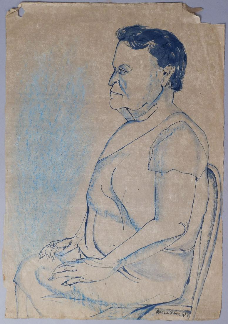Bessie Boris Signed Figure Drawing Person In Chair 1958 (1 of 3)