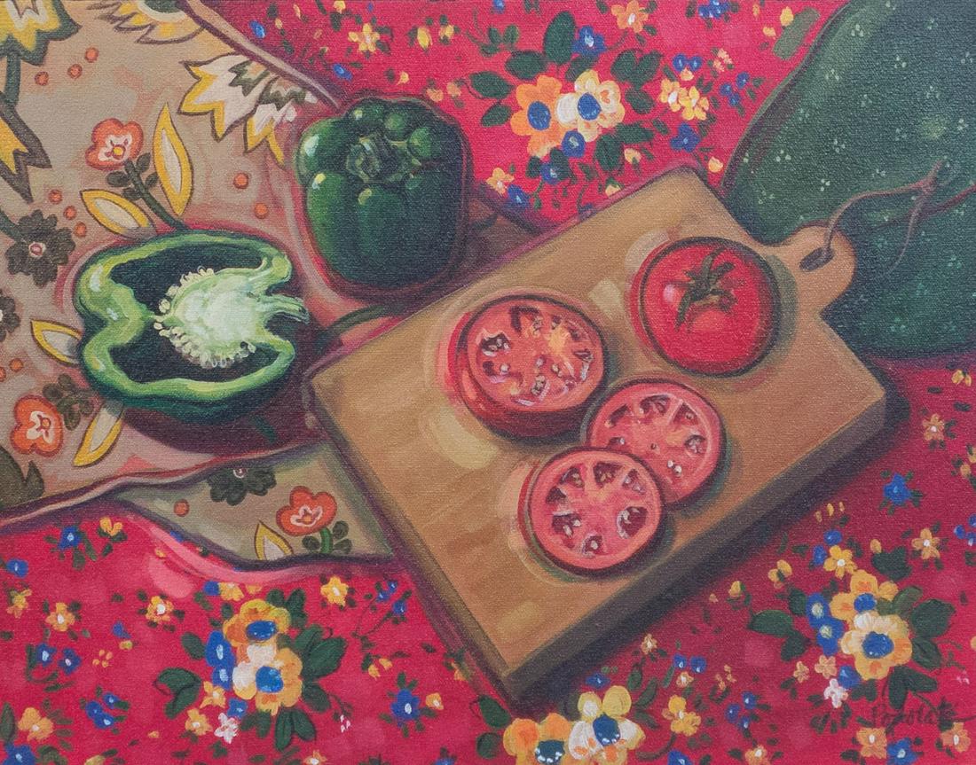 MA Podolak Rhode Island Peppers & Tomatoes Painting: MA Podolak Rhode Island Peppers & Tomatoes Painting - 19.25" x 15 3/8" Sight: 18" x 14"