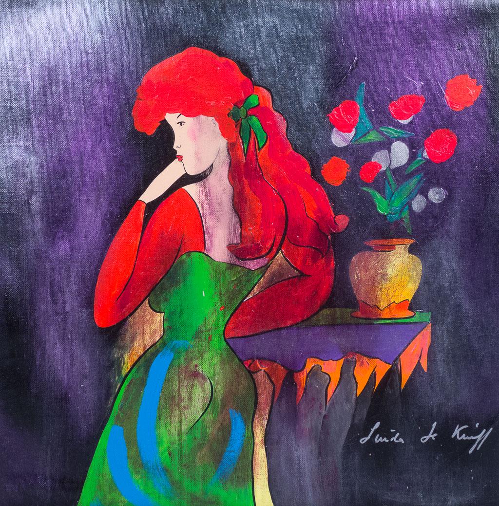 Fully Signed Linda Le Kinff Oil Painting Lady w Flowers (1 of 4)