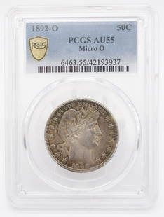 PCGS 1892-O Micro O Barber Half Dollar Coin AU55: This is an attractive PCGS certified slabbed Barber half dollar silver coin minted in New Orleans in 1892. The Micro O is very rare. It is estimated that less than 100 exist in all grades. The coin