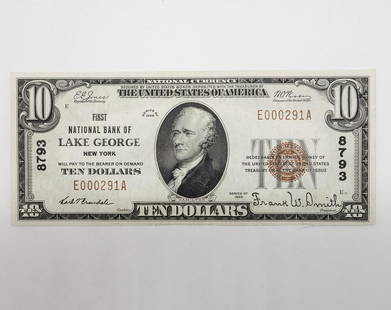 1929 Lake George NY $10 National Currency Note Crisp: This is a United States series of 1929 $10 National Currency note from the First National bank of Lake George, New York. Numbered 8793. The serial number is E000291A.