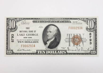 1929 Lake George NY $10 National Currency Note Crisp: This is a United States series of 1929 $10 National Currency note from the First National bank of Lake George, New York. Numbered 8793. The serial number is F000293A.