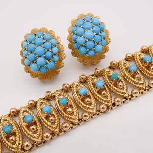 18K Gold Turquoise Bracelet & Earrings Suite: This wide bracelet and earring set are made in 18K yellow gold with round turquoise cabochons. The bracelet features a repeating marquise shaped filigree pattern. The oval clip-on stud earrings with