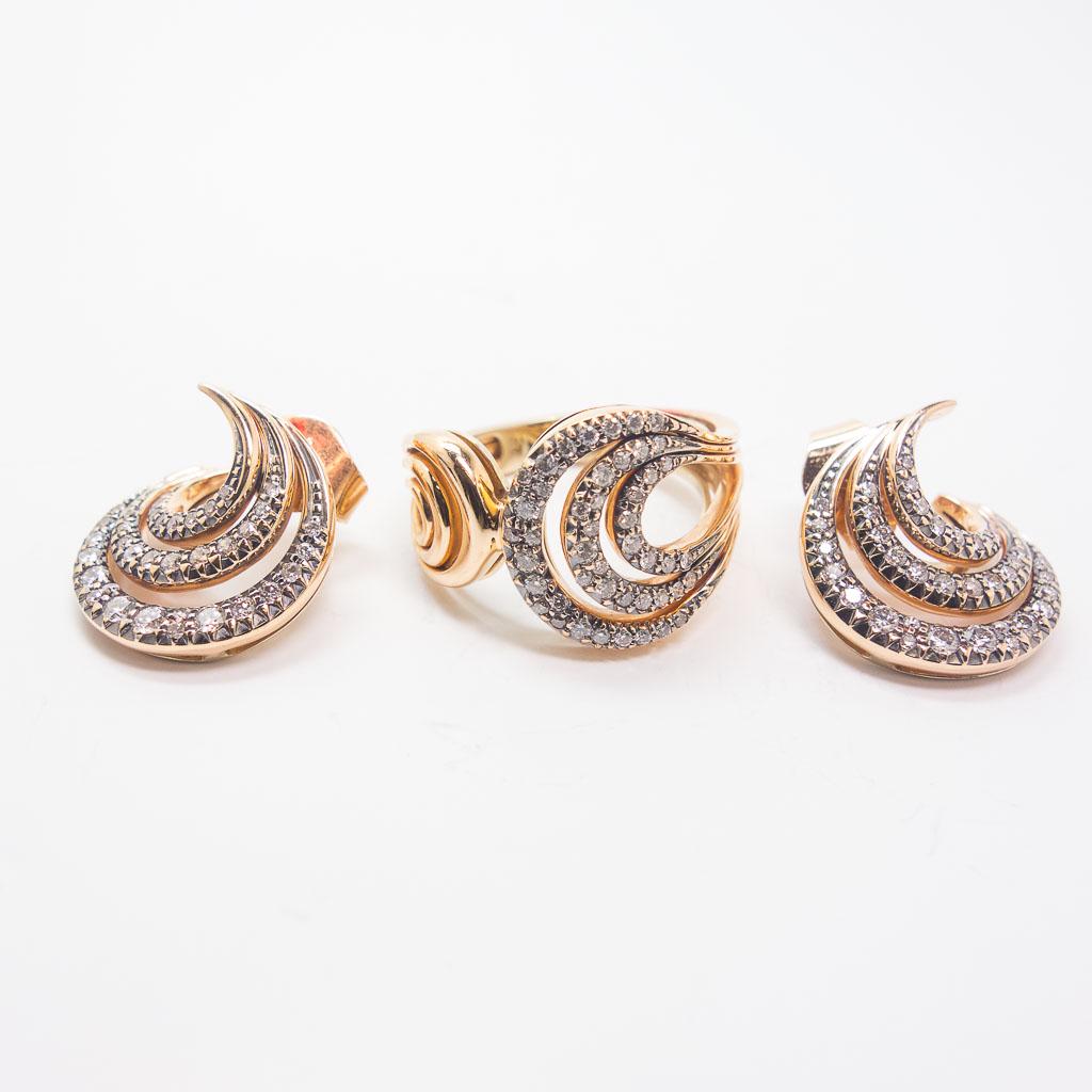 18K Rose Gold H Stern Iris Diamond Ring Earrings Set: This 18K rose gold earring and ring set from the H. Stern Iris collection is wet with round diamonds in a swirl pattern. The ring is a size 7.5, weighs 5.9dwt, and has approximately 0.23twt of diamond