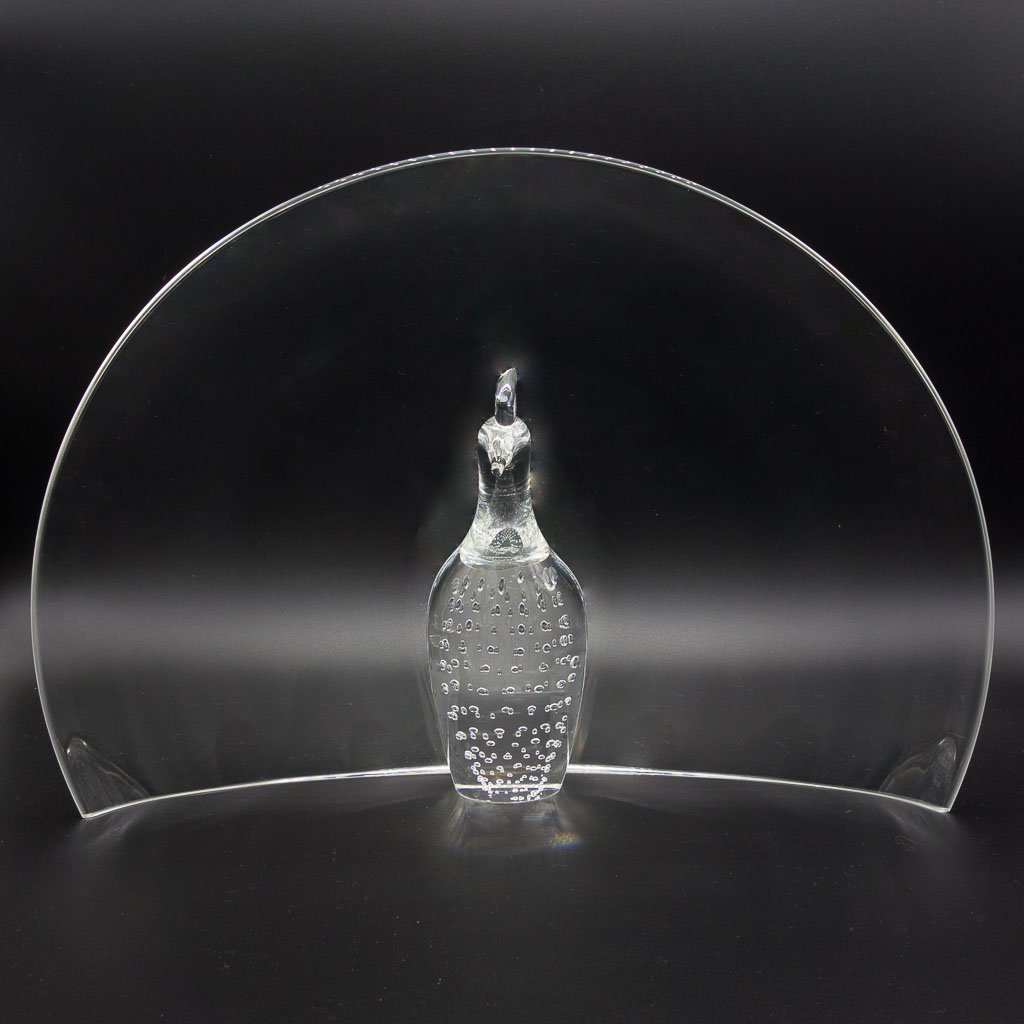 Signed Steuben Crystal Peacock Centerpiece #8532: This is a beautiful vintage Steuben art glass sculpture featuring a peacock design. There is an old belief that if a woman sees a peacock upon entering a park, she will marry a handsome man. Sparkling