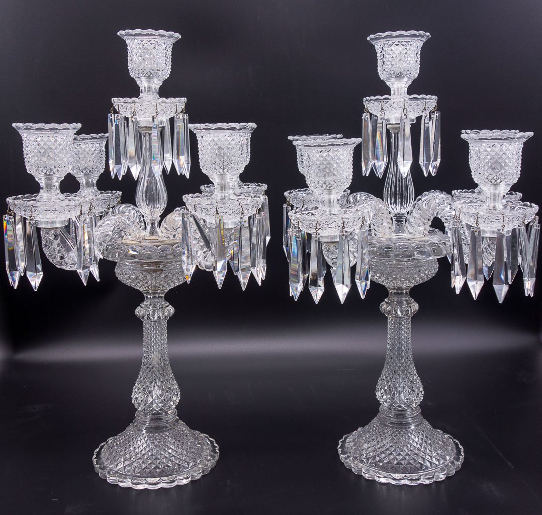 Fine Pair Baccarat Monumental Five Light Candelabras: A fine pair of monumental five light candelabras by Baccarat of France. 21 1/4" x 10 1/2" x 10 1/2"