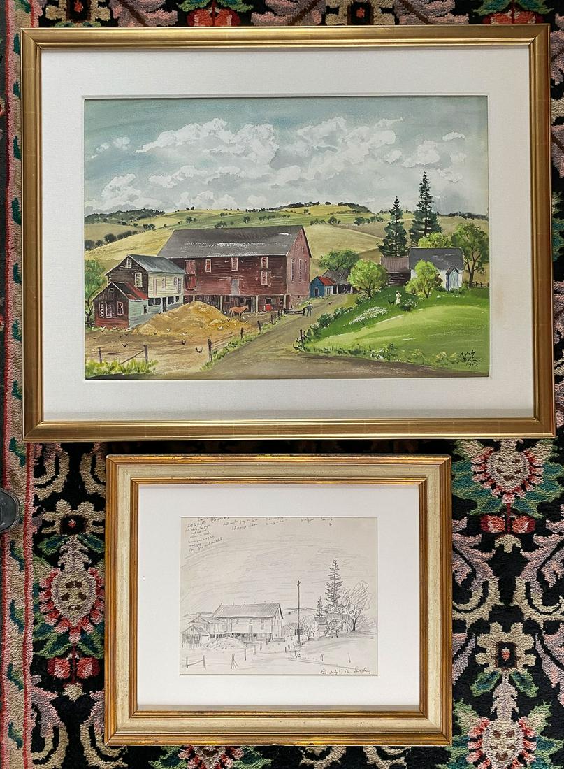 Two Adolf Dean Lewisburg PA Farm Painting and Study: This is a wonderful lot of two original art works by American artist Adolf Arthur Dehn (1895-1968). Dehn, who was born in 1895 at Waterville, spent most of his artistic career in New York City after a