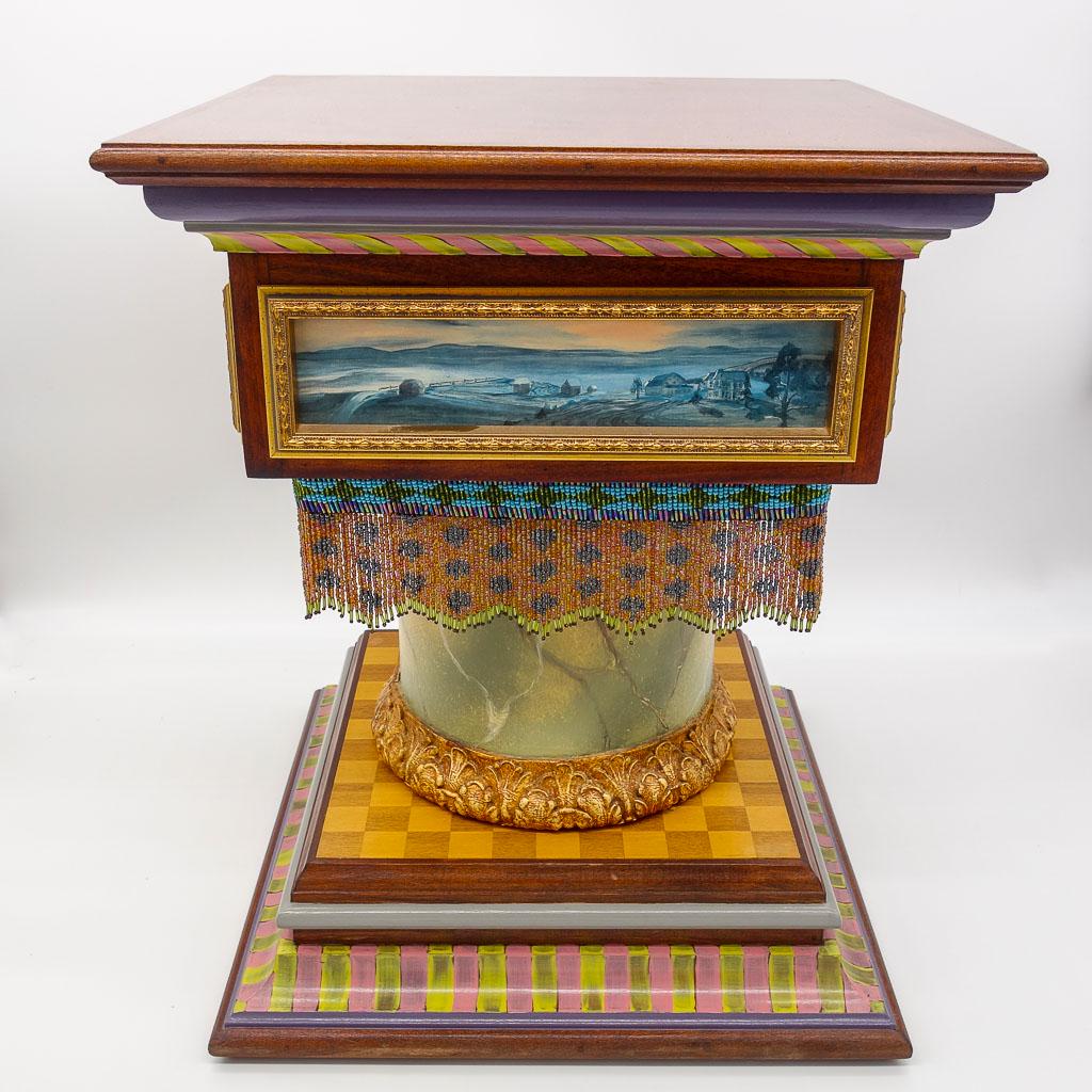 Mackenzie-Childs Ridiculous Hand Painted End Table: This is a whimsical handmade and painted "Ridiculous" end table from Mackenzie-Childs. It measures 20" x 15 3/4".