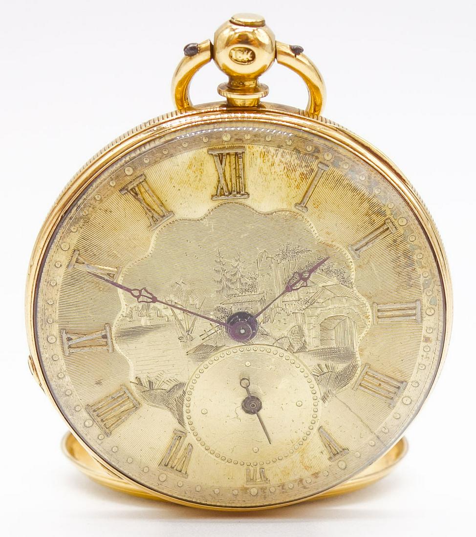 Antique 18K Landscape Engraved Fusee Pocket Watch: This is an antique Swiss pocket watch dating to the 19th century. Rendered in 18K yellow gold, this watch case frames a landscape engraved dial. The key wound movement has 8 jewels. It is 2 1/8" long 