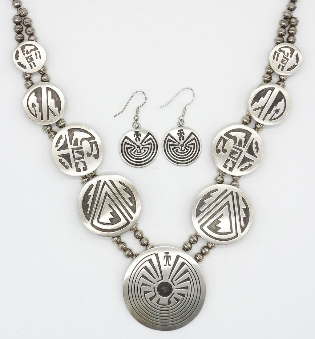 Native American Pawn Sterling SIlver Necklace Earrings: Native American Pawn sterling silver necklace and earrings suite. The necklace length is 22" and the earrings are each 1" diameter. 3.59ozt.