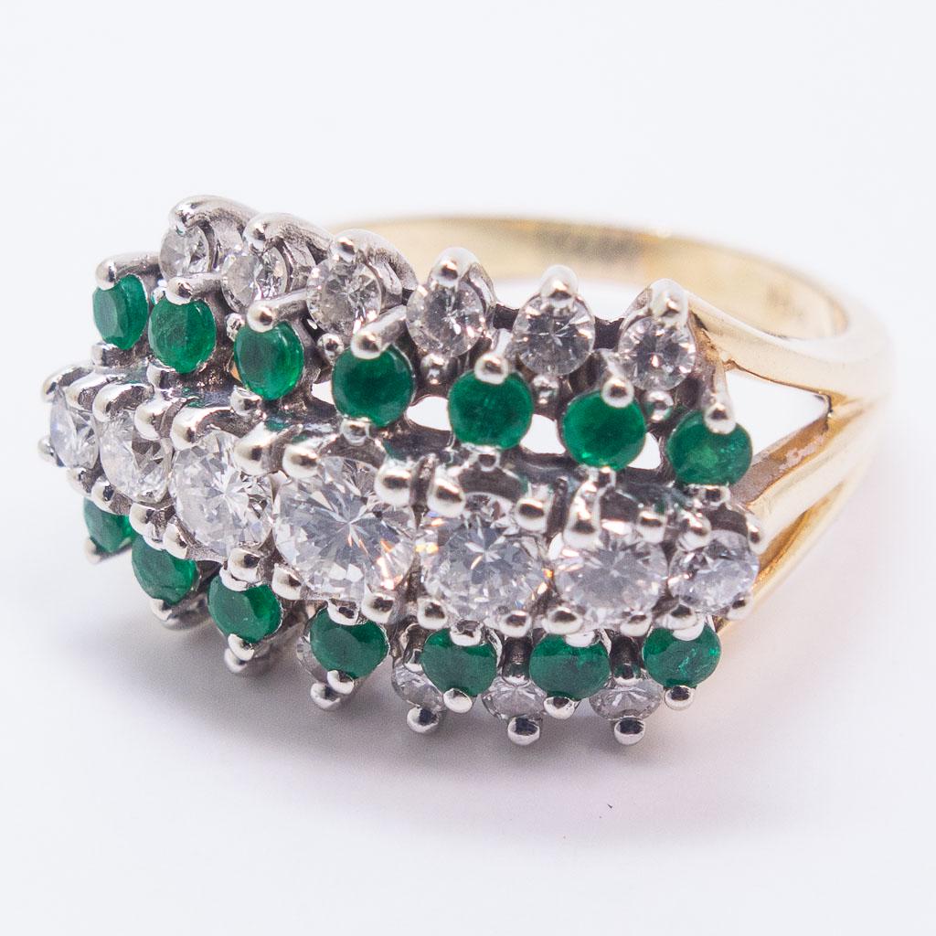 14K Gold 1.15twt Diamond Emerald Five Row Ring Size 7: This size 7 five row round diamond and emerald ring is set in 14K yellow gold with alternating rows. This size 7 ring feature round full cut diamonds 1.15twt, G to H in color, and SI1 to SI2 in clarit