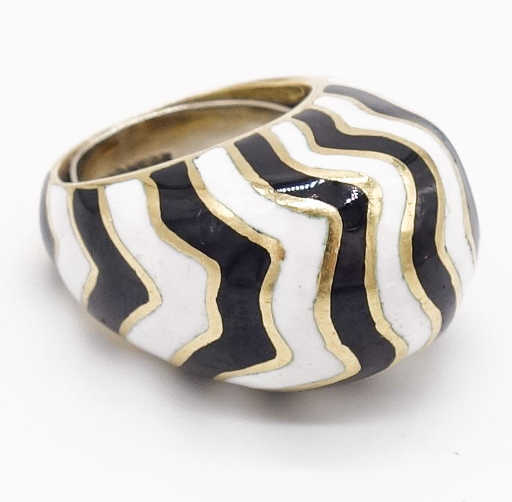 David Webb 18K Gold Zebra Print Enamel Dome Ring: One David Webb high domed ring in 18K yellow gold with white and black enamel in a zebra stripe pattern. Stamped "David Webb". This ring is a size 6 and weighs 18.84dwt.