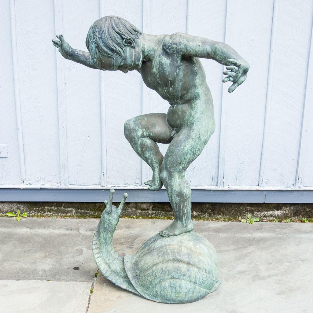 Signed Marinelli Firenze Boy on Snail Bronze Statue: This is a signed Florentine bronze sculpture designed by Giovanni Cappelletti for the Marinelli foundry. The boy dancing on a shell (Putto su chiocciola) is a lost wax casting in statuary bronze. It i