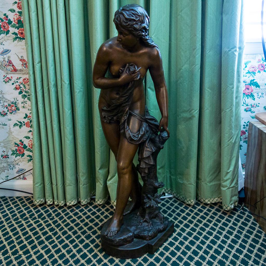 French Eutrope Bouret Bronze Sculpture Titled Surprise: This is a fine French Eutrope Bouret bronze sculpture titled "Surprise". Draped nude. 36" tall