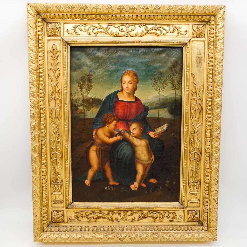 19c Oil Ptg after Raphael Madonna of the Goldfinch: Original oil painting on canvas after Raphael's Madonna of the Goldfinch. It is in a giltwood gesso frame. The frame is 28 x 22 1/2". The sight is 18 1/4 x 12 3/4". The stretcher is 19 x 13 1/2".