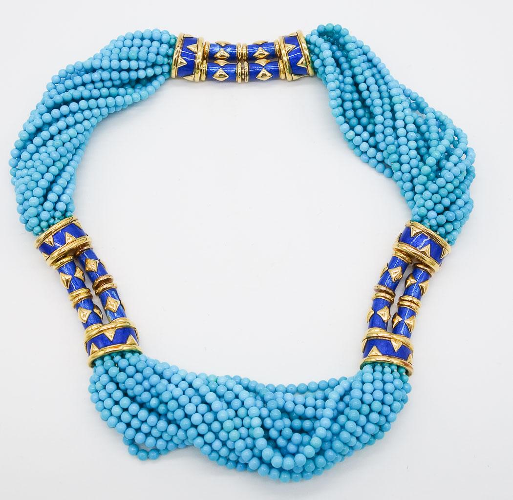 Schlumberger Multi Strand Turquoise and Enamel Necklace: Multi strand necklace designed by Jean Schlumberger for Tiffany & Co. It is strung with 3.5mm turquoise beads and is connected by three barrel shaped sections with diamond and rectangular patterns in 